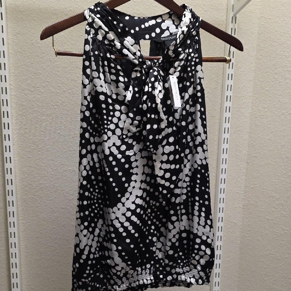 White House Black Market Black and White Polka Tie-Neck Sleeveless Top